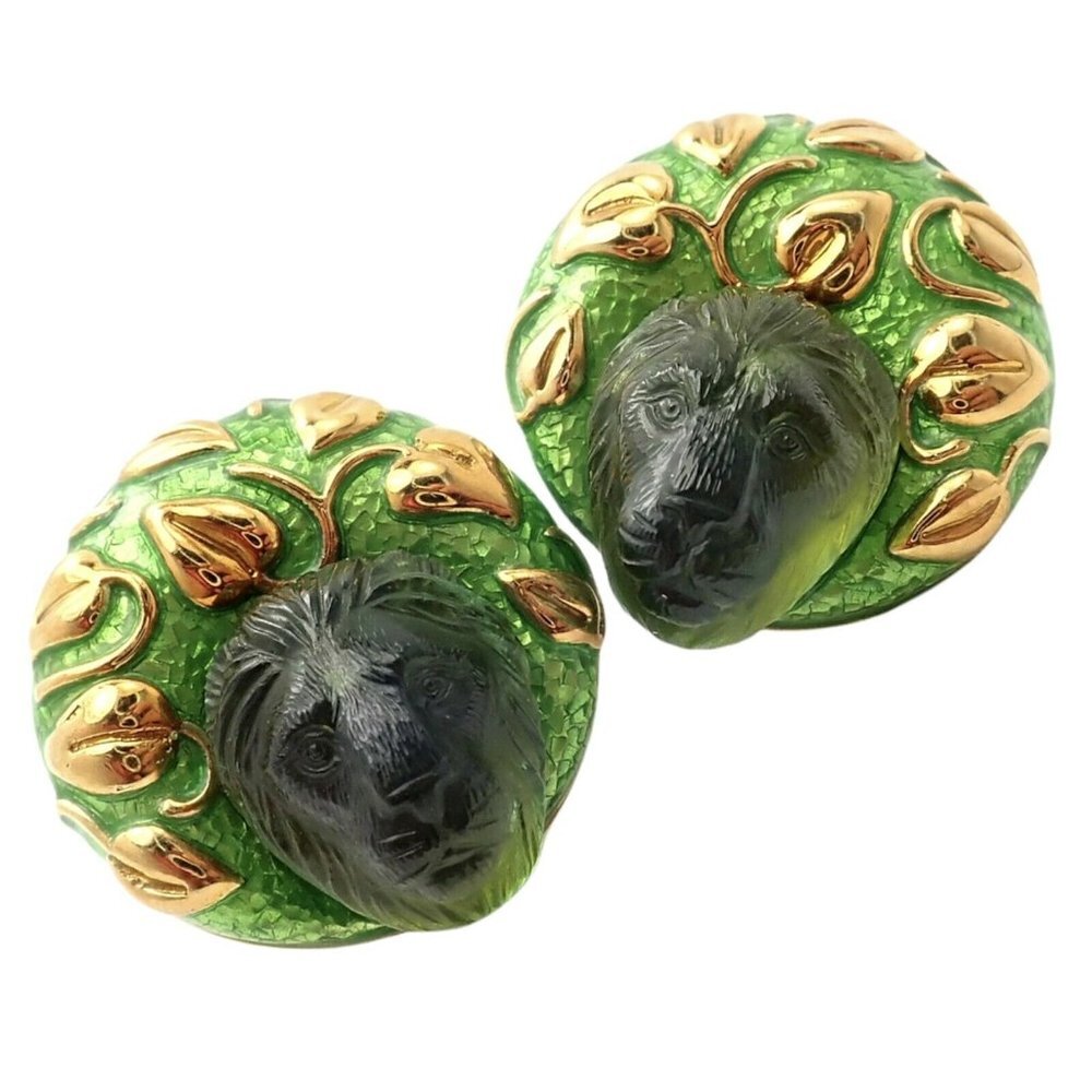 Rare! Elizabeth Gage 18k Yellow Gold Carved Peridot Green Enamel Lion Earrings - Picture 1 of 10